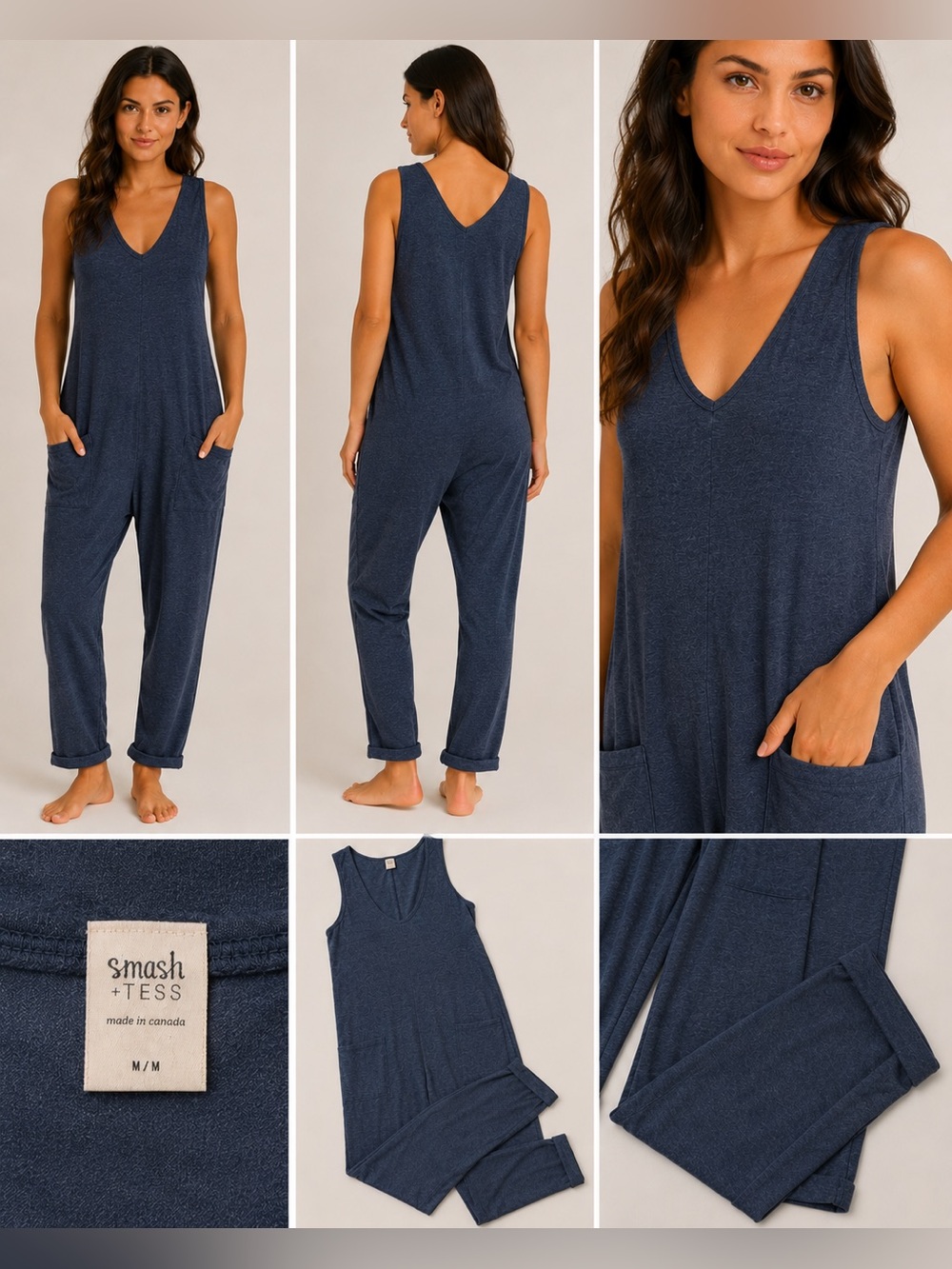 Smash + Tess Navy Blue Sleeveless Romper Lounge Jumpsuit Pockets Size M